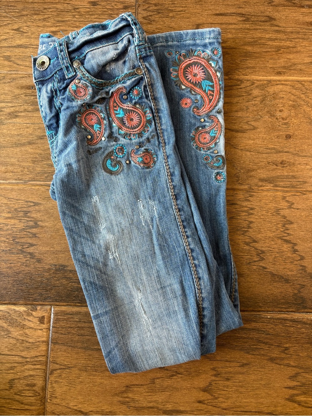 Cowgirl Tuff Wild Paisley Denim Jeans with Coral & Teal Embroidery